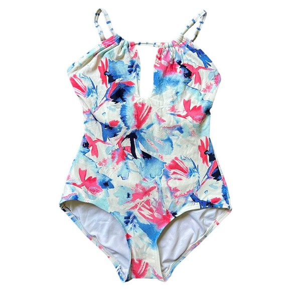 Vince Camuto Swimsuit Size 6 One Piece Maillot Keyhole Neck, White Floral Print - Picture 1 of 7